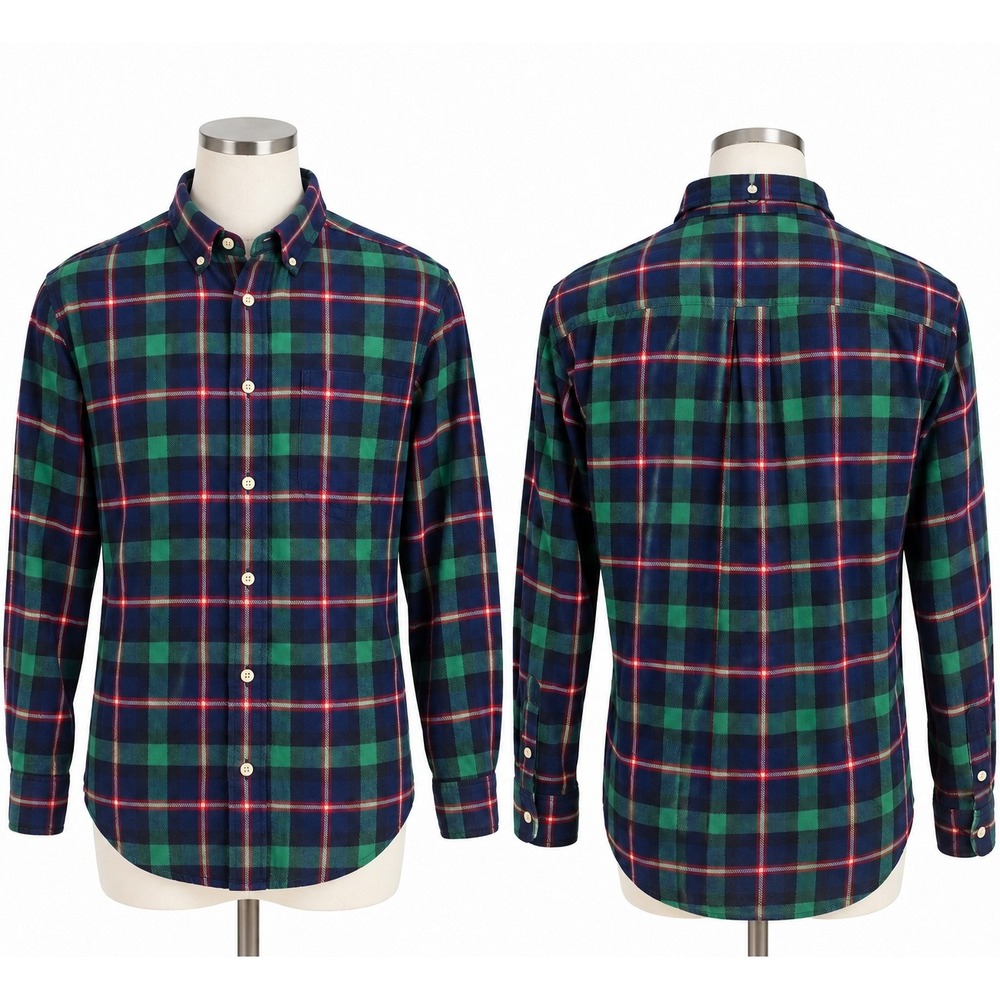 Vintage Nautica Men M Flannel Shirt Green Navy Plaid 100% Cotton Mauritius